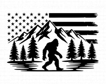 Bigfoot Sasquatch Amerikaanse vlag SVG, PNG: berg, boslandschap, T-shirtontwerp, gesneden bestand, Instant Download