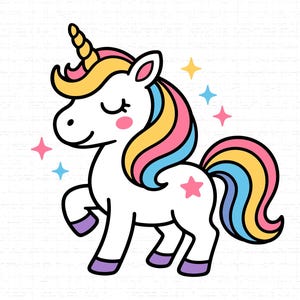 Pode incluir: Ilustração de unicórnio de desenho animado. O unicórnio branco tem um chifre amarelo, uma crina e cauda multicoloridas e bochechas rosadas. O unicórnio é cercado por estrelas rosa e azuis.