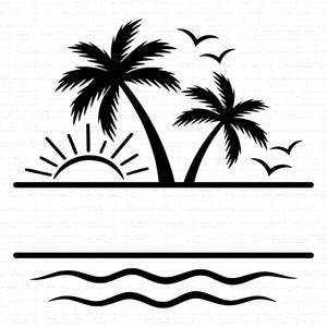 May include: Black and white tropical beach scene illustration. Features two palm trees, a setting sun, birds, and ocean waves. Includes a horizontal line for text or personalization.