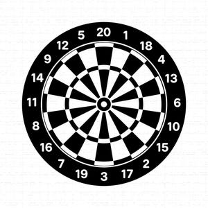 Puede incluir: Un tablero de dardos en blanco y negro con números del 1 al 20 alrededor del borde exterior. El tablero de dardos presenta un diseño circular con secciones alternas en blanco y negro, incluyendo una diana en el centro.