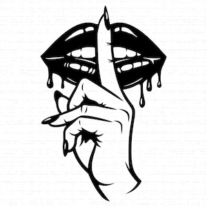 May include: Black and white illustration of a hand with a long, pointed fingernail, holding a finger up to the lips. Above the hand are black lips with dripping liquid. The image is a graphic design.