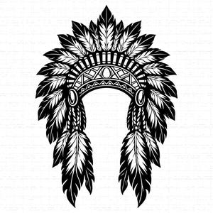 May include: Black and white illustration of a Native American headdress. The headdress features a curved band adorned with geometric patterns and oval accents. Large, detailed feathers fan out from the band, with two strands of feathers hanging down.