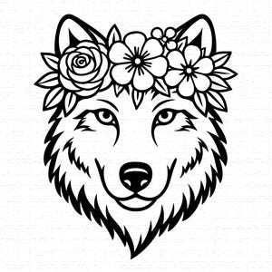 Lobo com Flores SVG, PNG, Animal da Floresta, Decoração Boho, Cabeça de Lobo Floral SVG, Arte da Natureza, Arquivo de Corte para Camiseta Lobo Místico, Cricut, Silhouette