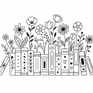 Puede incluir: Ilustración en blanco y negro de una fila de libros con flores y follaje que crecen de ellos. Los libros tienen varios elementos decorativos, incluyendo puntos, líneas y corazones.