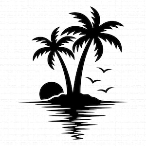 May include: A black silhouette of a tropical island scene. Two palm trees stand tall, with a setting sun and three birds flying above the water. The water's reflection mirrors the scene below.