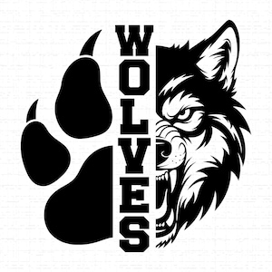 May include: Black and white graphic design featuring a wolf paw print and a snarling wolf head. The word "WOLVES" is vertically stacked between the paw and the wolf's head. The design is set against a white brick background.