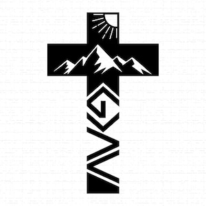 Könnte beinhalten: Schwarz-weiße Grafik eines Kreuzes mit Bergkette und Sonnendesign. Das Kreuz zeigt die Buchstaben "G" und "V" in einer stilisierten Schriftart. Das Design ist einfach und kühn, geeignet für verschiedene Anwendungen.