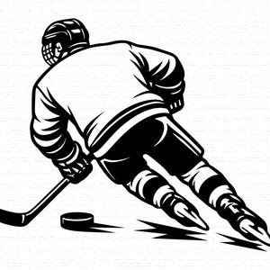 May include: A black and white graphic illustration of a hockey player in motion, wearing a helmet and uniform, leaning into a turn while holding a hockey stick. The player is positioned near a hockey puck on the ice, captured in a dynamic pose.