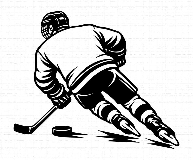 May include: A black and white graphic illustration of a hockey player in motion, wearing a helmet and uniform, leaning into a turn while holding a hockey stick. The player is positioned near a hockey puck on the ice, captured in a dynamic pose.