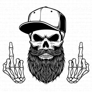 May include: Black and white illustration of a skull wearing a baseball cap and a long beard. The skull is giving the middle finger with both hands. The image has a bold, graphic style.