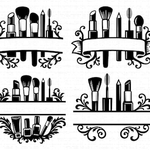 Op de afbeelding: Zwart-wit illustraties van make-up tools, waaronder lippenstiften, borstels, mascara en eyeliner, gerangschikt in decoratieve frames. Ideaal voor beauty-thema knutselwerkjes en projecten.