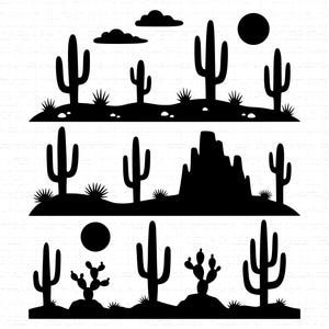 Könnte beinhalten: Schwarze Silhouette-Illustrationen von Wüstenlandschaften mit Kakteen, Sonne, Wolken und felsigem Gelände. Die Designs zeigen verschiedene Wüstenszenen, darunter Kakteen, Büsche und eine Bergkette, alle in einem minimalistischen Stil.