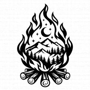 Lägereldsscen SVG, PNG, Campingliv Svg, Brasa, Vandring, Vildmark, Upptäcktsresande Gåva, Äventyr, Utomhus Skjorta Klippfil, Cricut, Silhuett