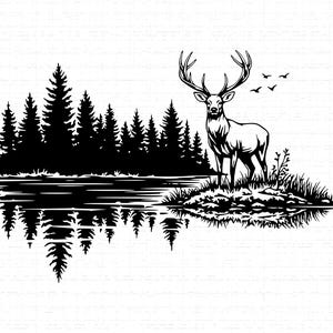 Hjortskogsscen SVG: T-shirtdesign, jakt, landskap, vilda djur, stugdekor, klippfiler, SVG, PNG, direktnedladdning