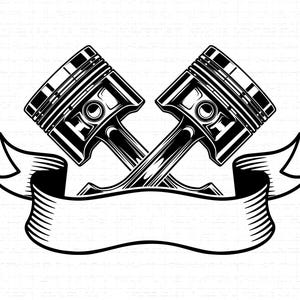 May include: Black and white illustration of two crossed pistons with a banner below. The pistons are detailed with rings and connecting rods, set against a textured white background. The banner is blank, providing space for text.
