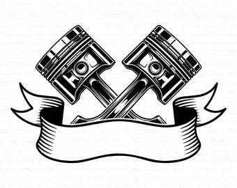 May include: Black and white illustration of two crossed pistons with a banner below. The pistons are detailed with rings and connecting rods, set against a textured white background. The banner is blank, providing space for text.