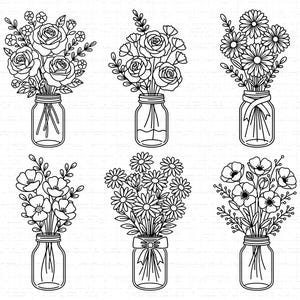 May include: Six black and white line art illustrations of bouquets of flowers in mason jars. The bouquets include roses, daisies, and other wildflowers. Each jar has a different arrangement and some have ribbons.