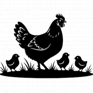 以下が含まれることがあります： 草の中にいる鶏と3羽のひよこの黒いシルエット。鶏は詳細な羽ととさかを持っています。ひよこは小さくて丸く、草はシンプルな線で描かれています。農場をテーマにしたデザイン。