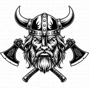 May include: Black and white illustration of a Viking warrior with a horned helmet, long beard, and crossed axes. The axes have detailed handle grips and decorative blade designs. The Viking's face has a stern expression.