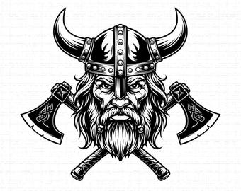 Vikinghoofd met gekruiste assen SVG: Viking-logo, Odin, Ragnarok, Noorse mythologie, gesneden bestanden, SVG, PNG, Instant Download