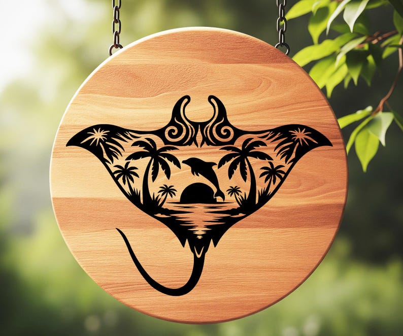 May include: A round wooden sign with a black manta ray design. The design features a dolphin leaping over the sun, palm trees, and ocean waves. The sign is hanging from two chains.