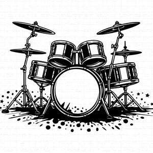 Puede incluir: Ilustración en blanco y negro de una batería. El conjunto incluye un bombo grande, toms, platillos y una caja. La imagen tiene un estilo grunge con salpicaduras y estrellas.