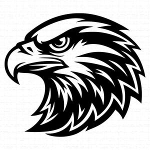 May include: A black and white graphic of an eagle's head in profile. The eagle's eye is focused, and the beak is sharp. The feathers are stylized with sharp, angular lines. The image is a bold, graphic design.