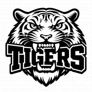 Op de afbeelding: Een zwart-wit illustratie van een tijgerkop met het woord "TIGERS" in vette blokletters. De tijger gromt, met ontblote tanden. De afbeelding is een grafisch ontwerp, waarschijnlijk voor een sportteam of school.