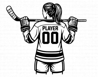 Female Hockey Player SVG: T-shirt Design, Jersey Number Custom Text, Sport Graphic, Cut Files, SVG, PNG, Instant Download