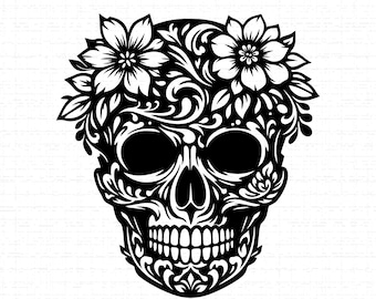 Sockerskalle med blommor SVG, PNG, De dödas dag, Dia De Muertos, tatueringsstil, Calavera, blommig skalle, gotisk design, Halloweendekor
