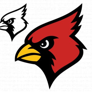 Puede incluir: Ilustración estilizada de la cabeza de un pájaro cardenal de perfil. El ave presenta un cuerpo rojo vibrante, un pico amarillo y un contorno negro. También hay una versión más pequeña en blanco y negro de la misma imagen.