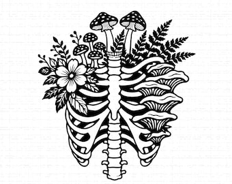 May include: Black and white illustration of a rib cage with mushrooms, flowers, and ferns growing from it. The mushrooms have dotted caps. The design is detailed and artistic, suitable for various applications.