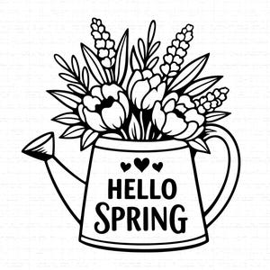 Puede incluir: Ilustración en blanco y negro de una regadera llena de flores. La regadera tiene un asa y un pico, y las palabras "HELLO SPRING" están impresas en la parte delantera, con tres corazones encima del texto. Las flores incluyen tulipanes y otras flores de primavera.