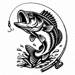 May include: Black and white illustration of a largemouth bass leaping out of water, hooked by a fishing rod. The fish is detailed with scales and fins, and water droplets are shown. A fishing reel is visible.