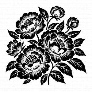 Puede incluir: Ilustración floral en blanco y negro con peonías y hojas. El diseño presenta pétalos y capullos detallados, adecuado para fines decorativos. Es una imagen estilizada de un ramo.
