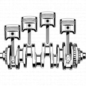 May include: A monochrome illustration of an engine crankshaft assembly. The image depicts four pistons linked to the crankshaft, showcasing intricate mechanical parts. This technical drawing is ideal for automotive enthusiasts and engineers.