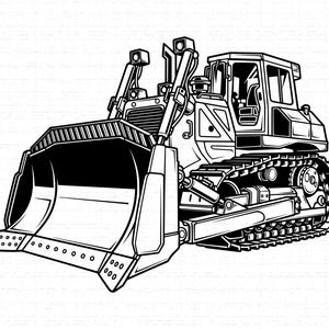 May include: A black and white illustration of a bulldozer. The construction vehicle has a large blade at the front, a cab with windows, and tracks. The image is a detailed line drawing.