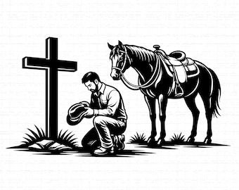 Cowboy kniend am Kreuz SVG, PNG, Christliche zwar, Pferd, Land, Gebetssugle, Bauer, Glaube, Western-Shirt Schnittdatei, Cricut, Silhouette
