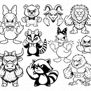 Djurlångfinger SVG-paket: Tecknat djur, rolig clipart, ilsket djur, anka, tvättbjörn, örn, skunk, björn, klippfiler, direktnedladdning