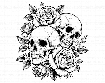 May include: Black and white illustration of two skulls surrounded by roses and leaves. The skulls are detailed with visible teeth and eye sockets. The roses are in full bloom, and the leaves add a touch of nature to the design.