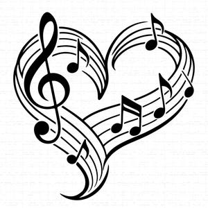 Peut inclure: Illustration en noir et blanc d'un cœur formé de notes de musique et de portées. Une clé de sol est placée en haut à gauche, avec des notes de musique réparties dans la conception. L'image a une esthétique minimaliste.