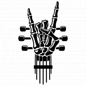 Puede incluir: Ilustración en blanco y negro de una mano esquelética haciendo el gesto de la mano del rock and roll. La mano está colocada sobre un clavijero de guitarra estilizado con clavijas y cuerdas.