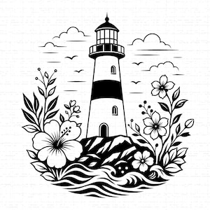 May include: Black and white illustration of a lighthouse surrounded by flowers, leaves, and ocean waves. The lighthouse has a black and white striped design and is topped with a black lantern room. Birds and clouds are in the background.