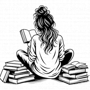 May include: A monochrome illustration depicts a person absorbed in reading, seated with legs crossed, amidst piles of books. The person has long hair in a bun. The image is a line drawing.