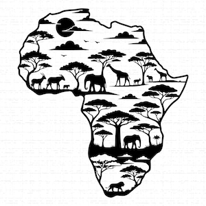 May include: A black silhouette of the African continent, depicting a savanna scene. The design includes trees, elephants, giraffes, and other animals, with a sun and clouds. The artwork is set against a white background.