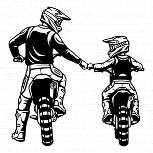 May include: A black and white silhouette illustration of a father and child on motocross bikes, holding hands. Both are wearing helmets and protective gear. The image captures a moment of connection and shared experience.