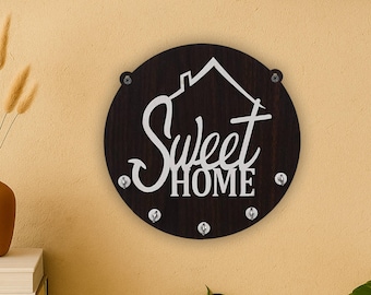 Runde hölzerne Sweet Home Schlüsselhalter | Schlüssel-Organizer mit 5 Haken | Rustikale Wohnkultur | Perfektes Einweihungsgeschenk | Wohnkultur Geschenk