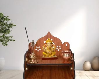 Wooden Pooja Stand | Compact Home Mandir Shelf, Abstract Pattern