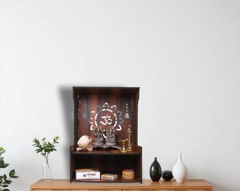Wooden Wall Pooja Mandir for Home | Handmade Wooden Temple with Om Design | Compact Puja Shelf for Idols and Diyas | Small Spiritual Altar