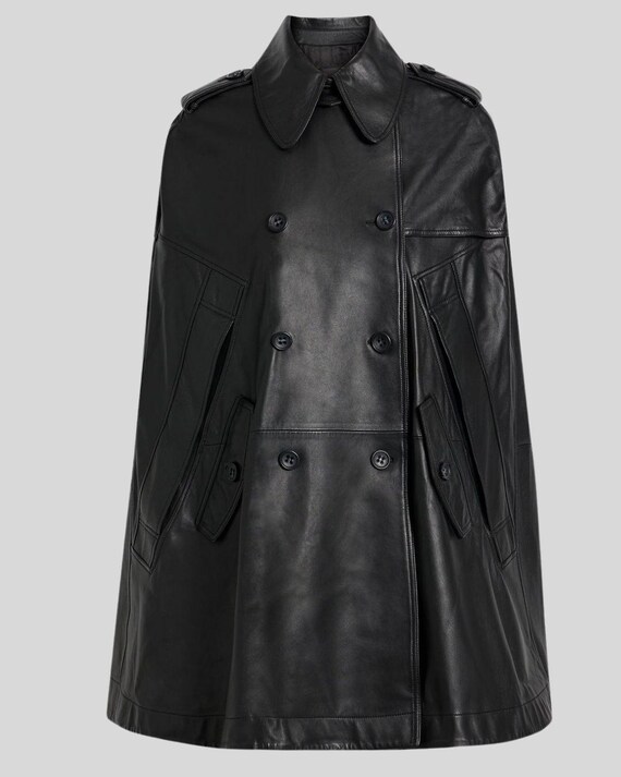 Black Leather Cape for Women – Double Breasted Leather Cape Coat – Elegant Oversized Winter Cape Outerwear - Poncho Festival Cape